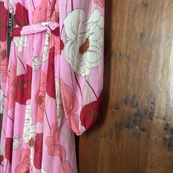 NWT Express Pink Floral Faux Wrap Tie Waist Midi Dress Size S - Picture 9 of 10